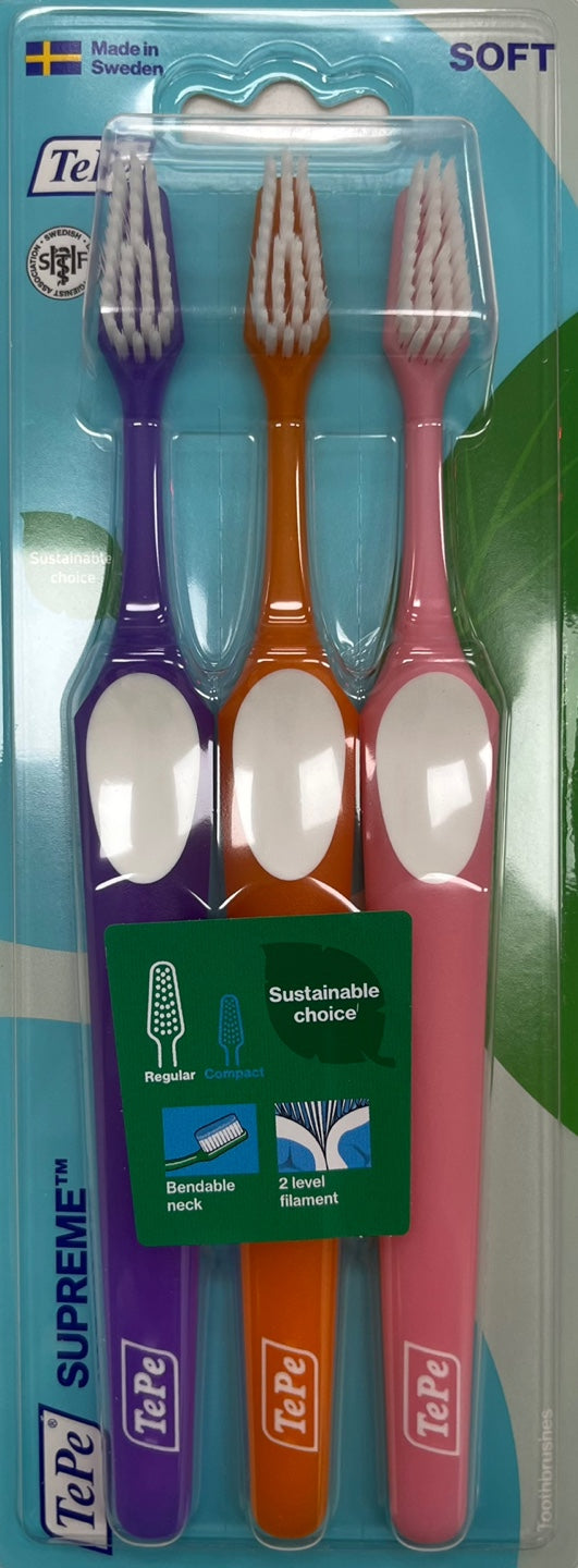 TEPE Supreme Toothbrush, Soft Bristle Toothbrush, Tapered Brush Head for Sensitive Teeth and Gum Care, Adult, 3 Pack