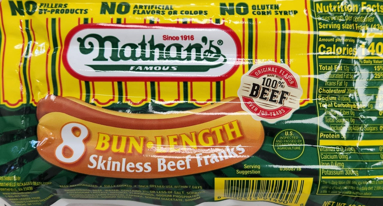 Nathan's Famous Beef Franks, Bun Length, 8 Count