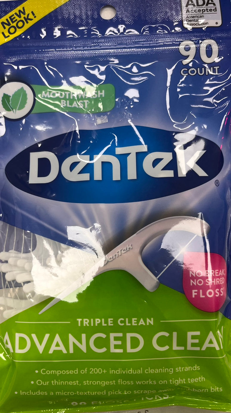 DenTek Triple Clean Advanced Clean Floss Picks, No Break & No Shred Floss, 90 Count