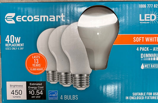 EcoSmart 40W Equivalent Daylight A19 Energy Star + Dimmable LED Light Bulb, 4 Pack