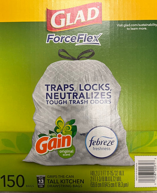 Glad ForceFlex Tall Trash Bags with Gain Odorshield, 150 ct, 13 gal